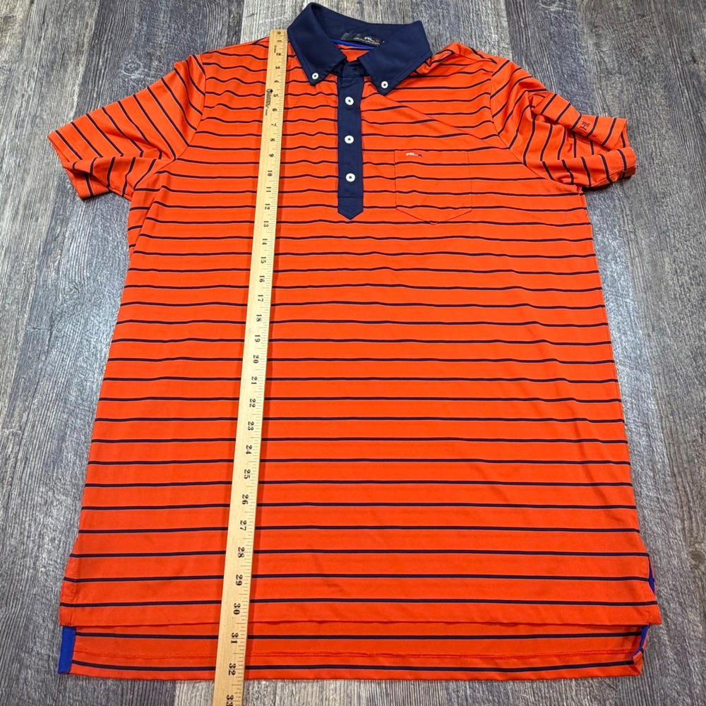 RLX Ralph Lauren Mens L Performance Polo Shirt Orange Navy Striped Erin Hills WI - Picture 8 of 9